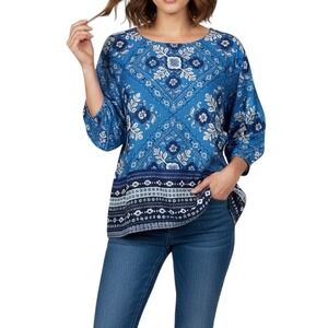 JOHNNY WAS LINEN BOATNECK BLOUSE‎ CIENA PRINT SIZE L Cottage Bohemian Resortwear